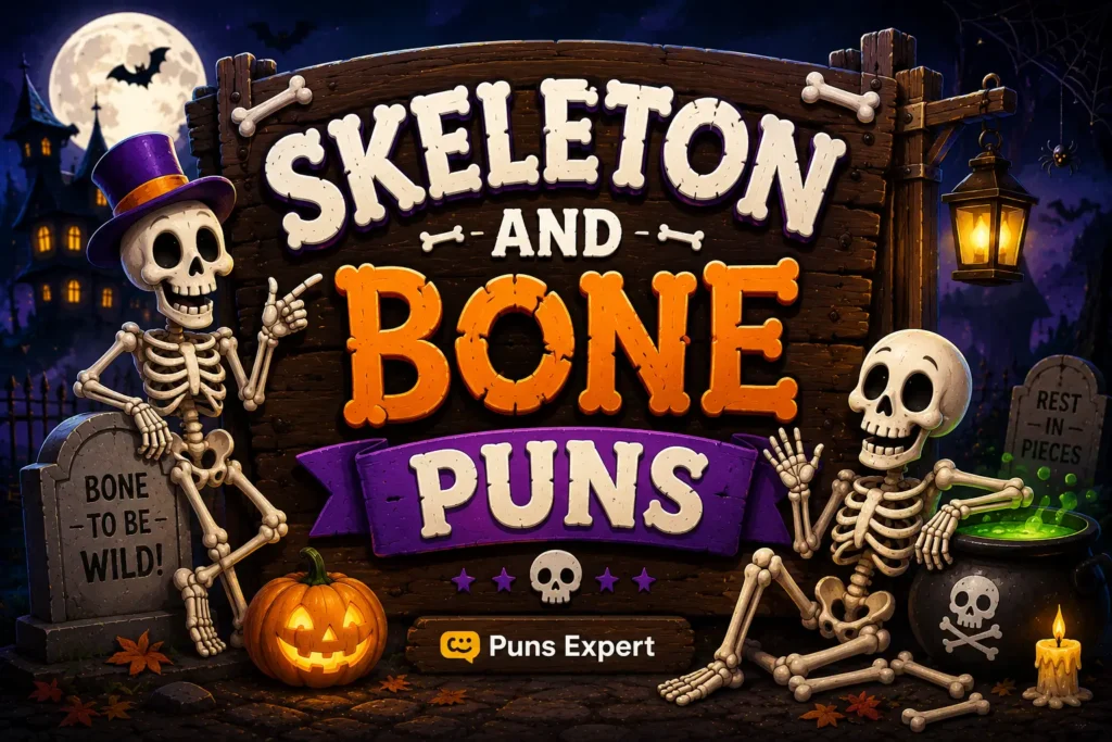 Cartoon skeletons beside a "Skeleton and Bone Puns" sign with pumpkins and Halloween decorations.