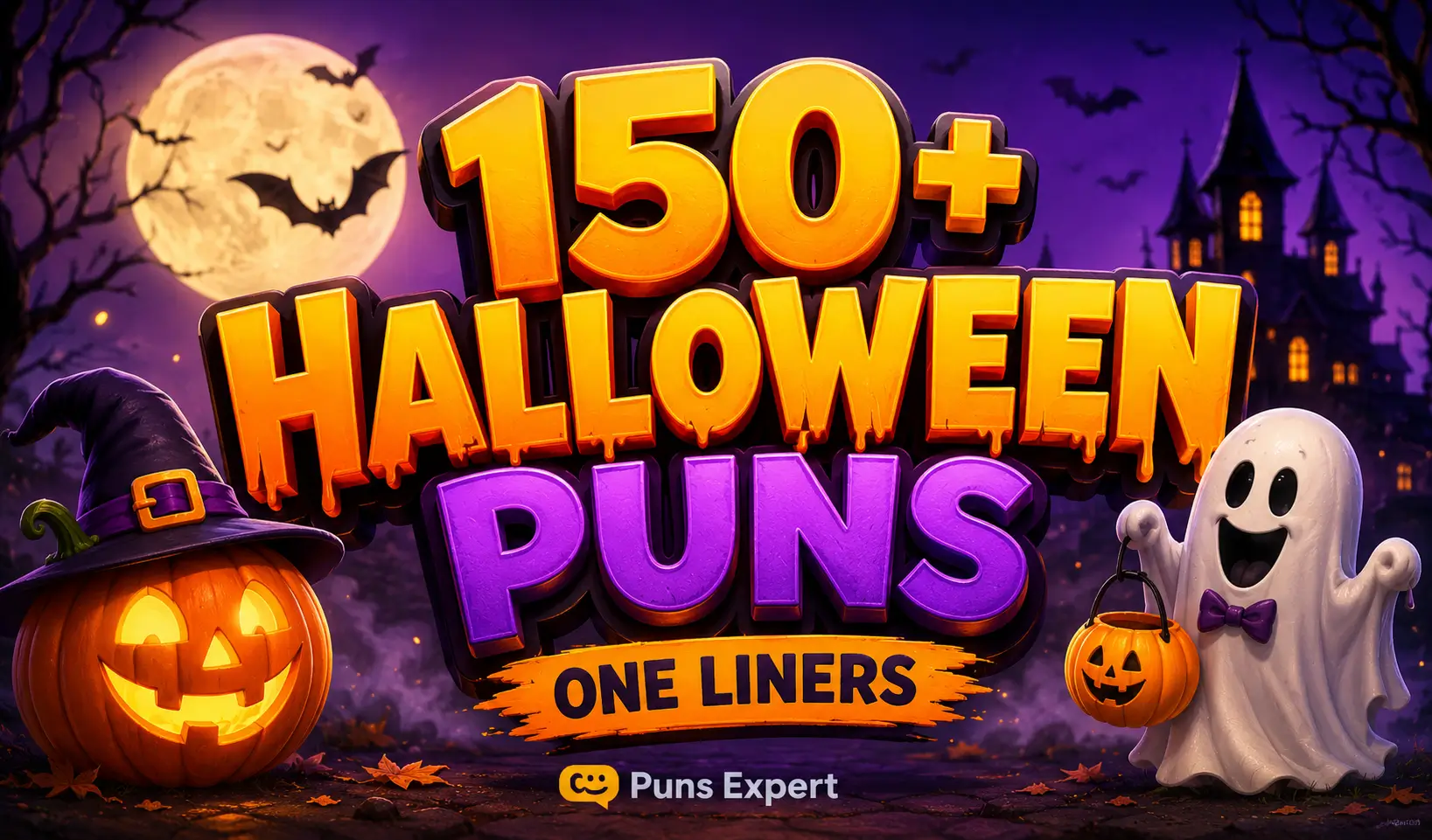 Colorful Halloween thumbnail featuring cartoon ghost, jack-o'-lantern, and bold "150+ Halloween Puns One Liners" text for halloween puns one liners.
