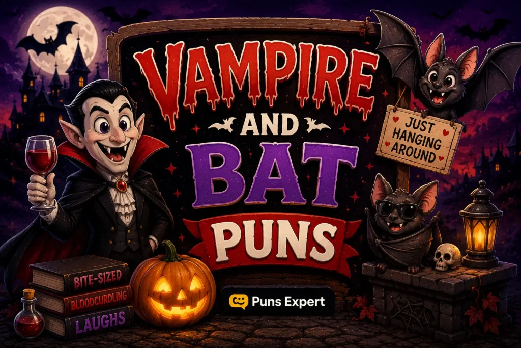 Cartoon vampire and smiling bats beside a "Vampire and Bat Puns" sign for halloween puns one liners.