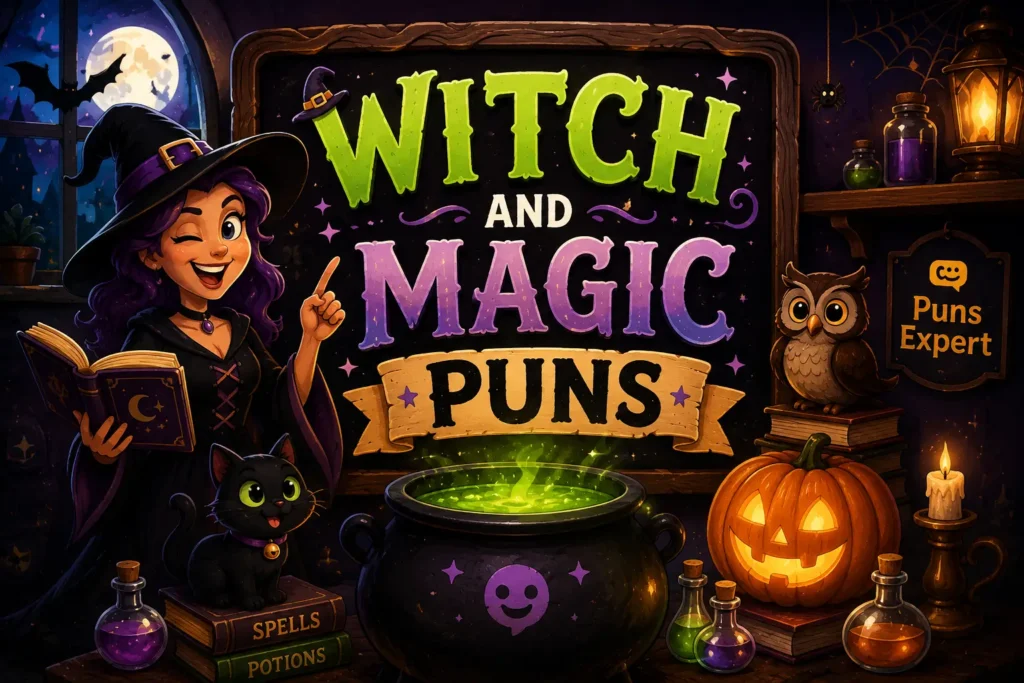 Cartoon witch brewing a glowing potion with a sign reading "Witch and Magic Puns" for halloween puns one liners.