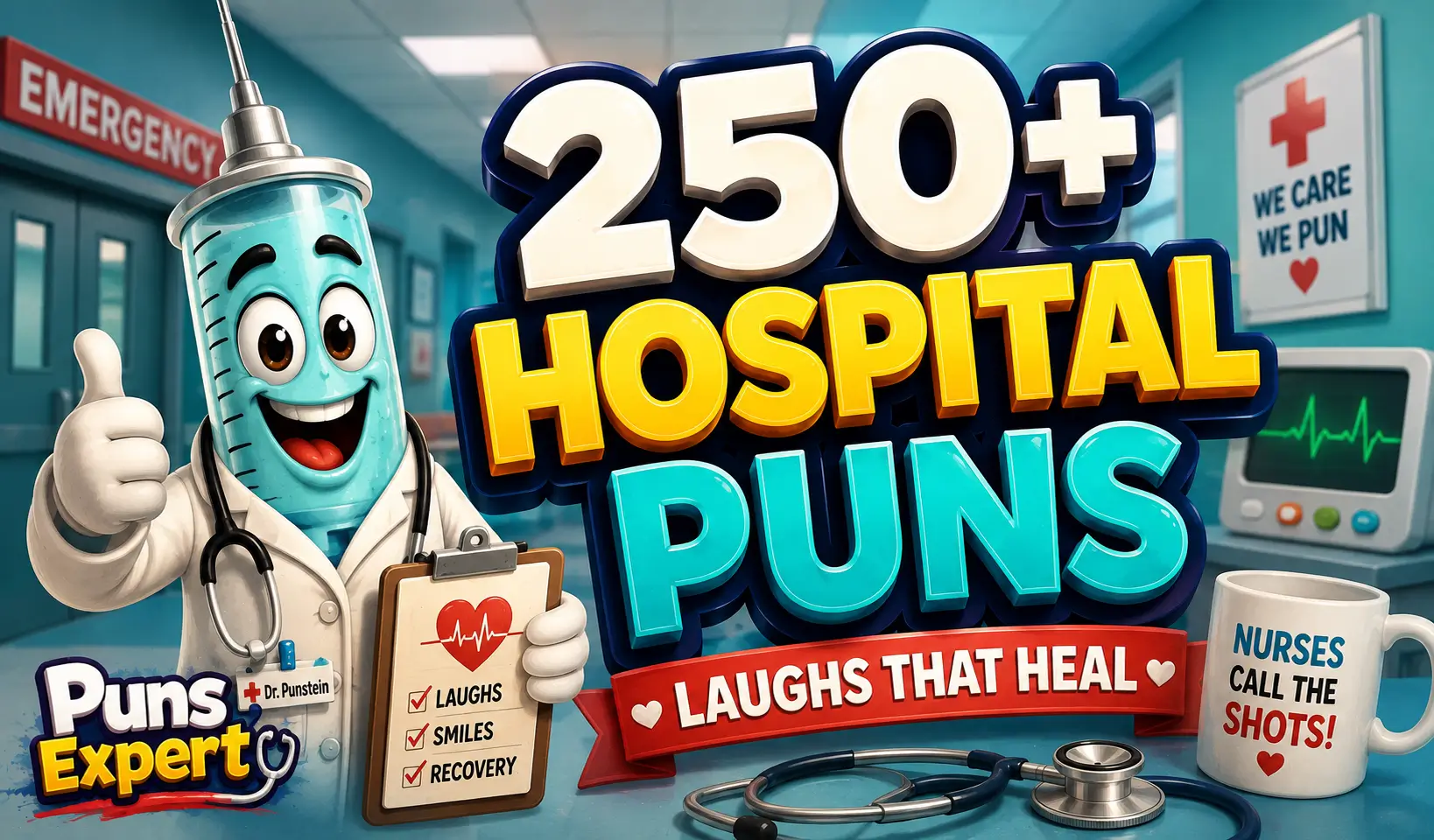 Cartoon doctor syringe with bold 3D "250+ Hospital Puns" text and Puns Expert logo for the hospital puns article.