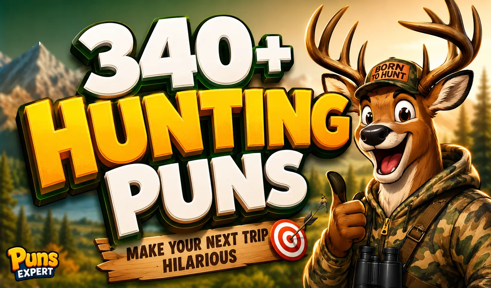 340+ hunting puns thumbnail with a cartoon deer, target, and bold hunting puns text
