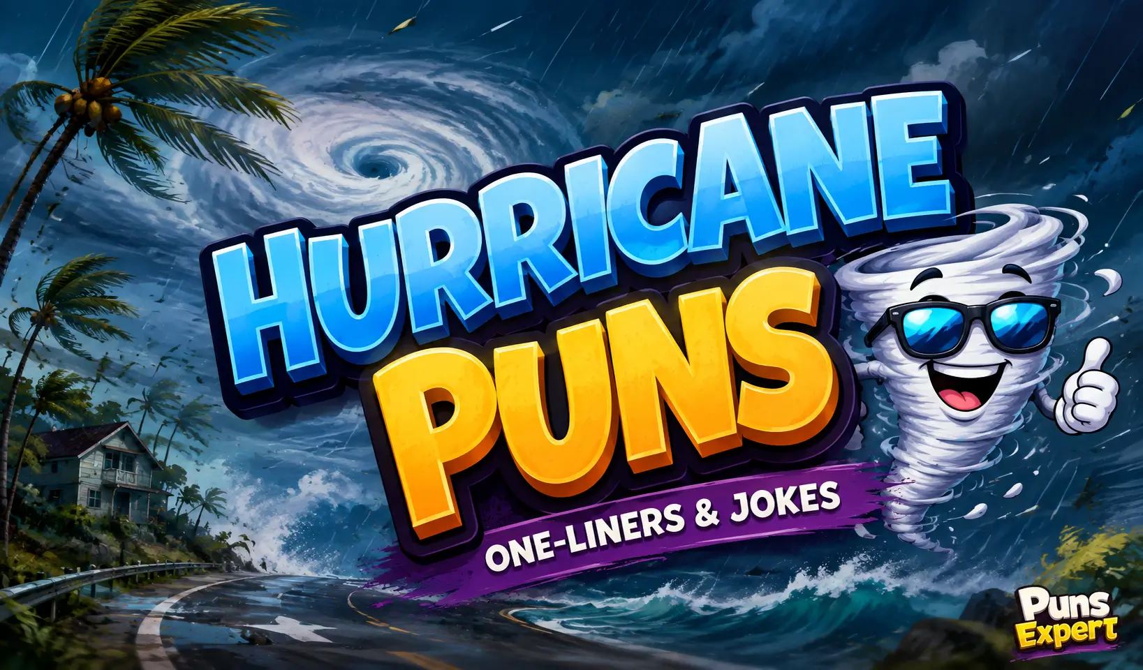Cartoon thumbnail featuring bold 3D hurricane puns text with a smiling tornado mascot and stormy background.