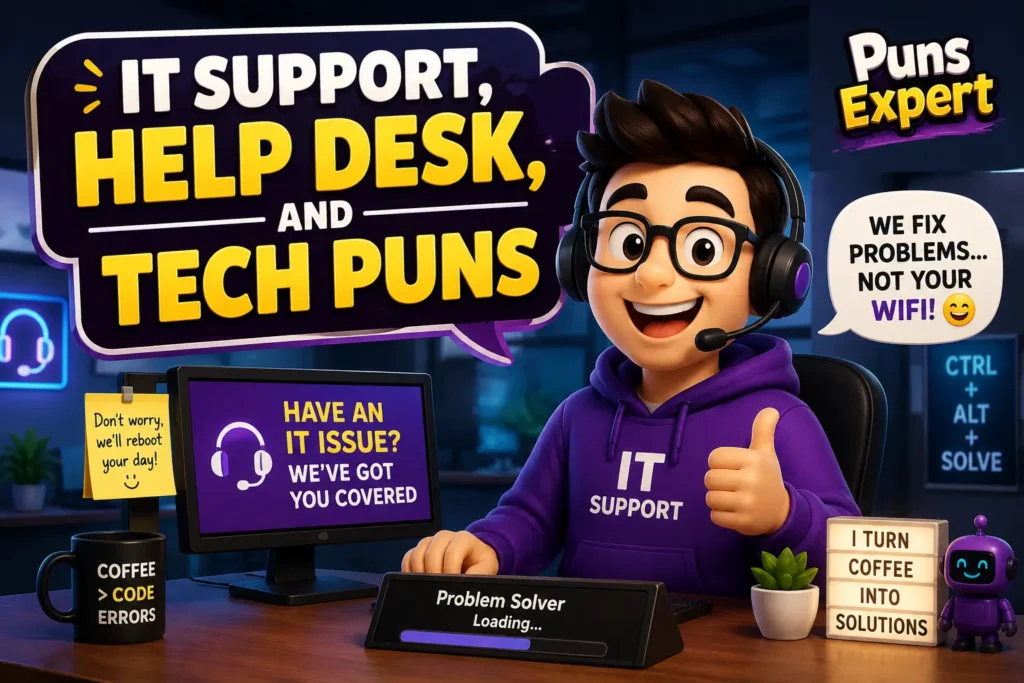 Cartoon IT support desk with a friendly computer mascot and Tech Puns theme in a colorful office setting.