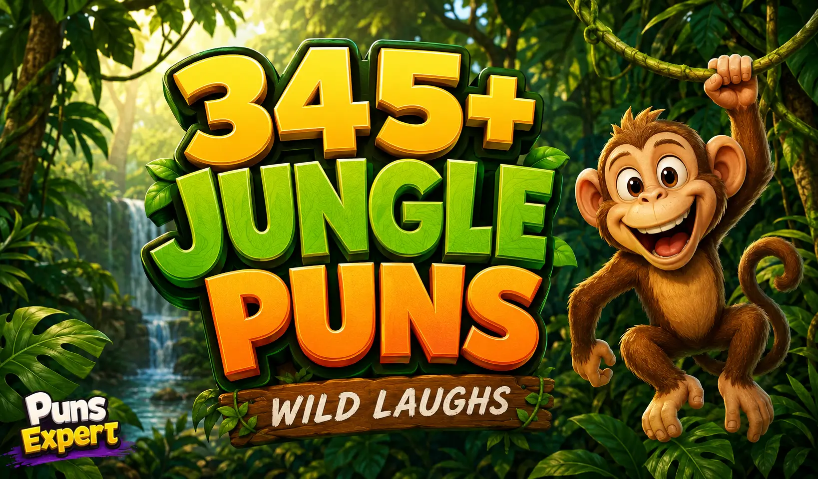 345+ Jungle Puns thumbnail with a cartoon monkey and lush jungle background