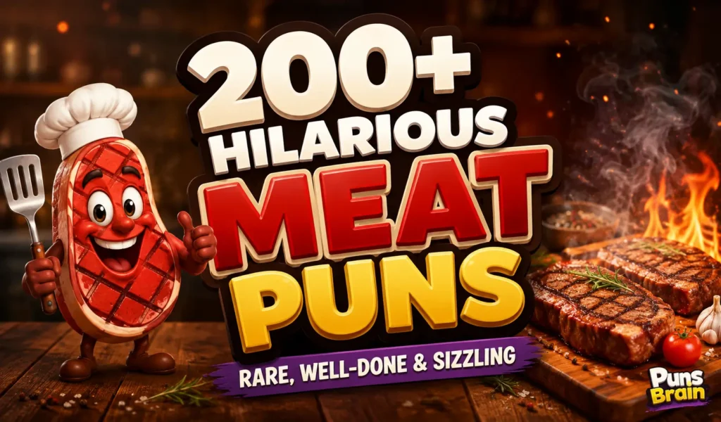 Colorful thumbnail featuring 200+ Hilarious Meat Puns with a smiling steak mascot, sizzling grilled steaks, and the Puns Brain logo.
