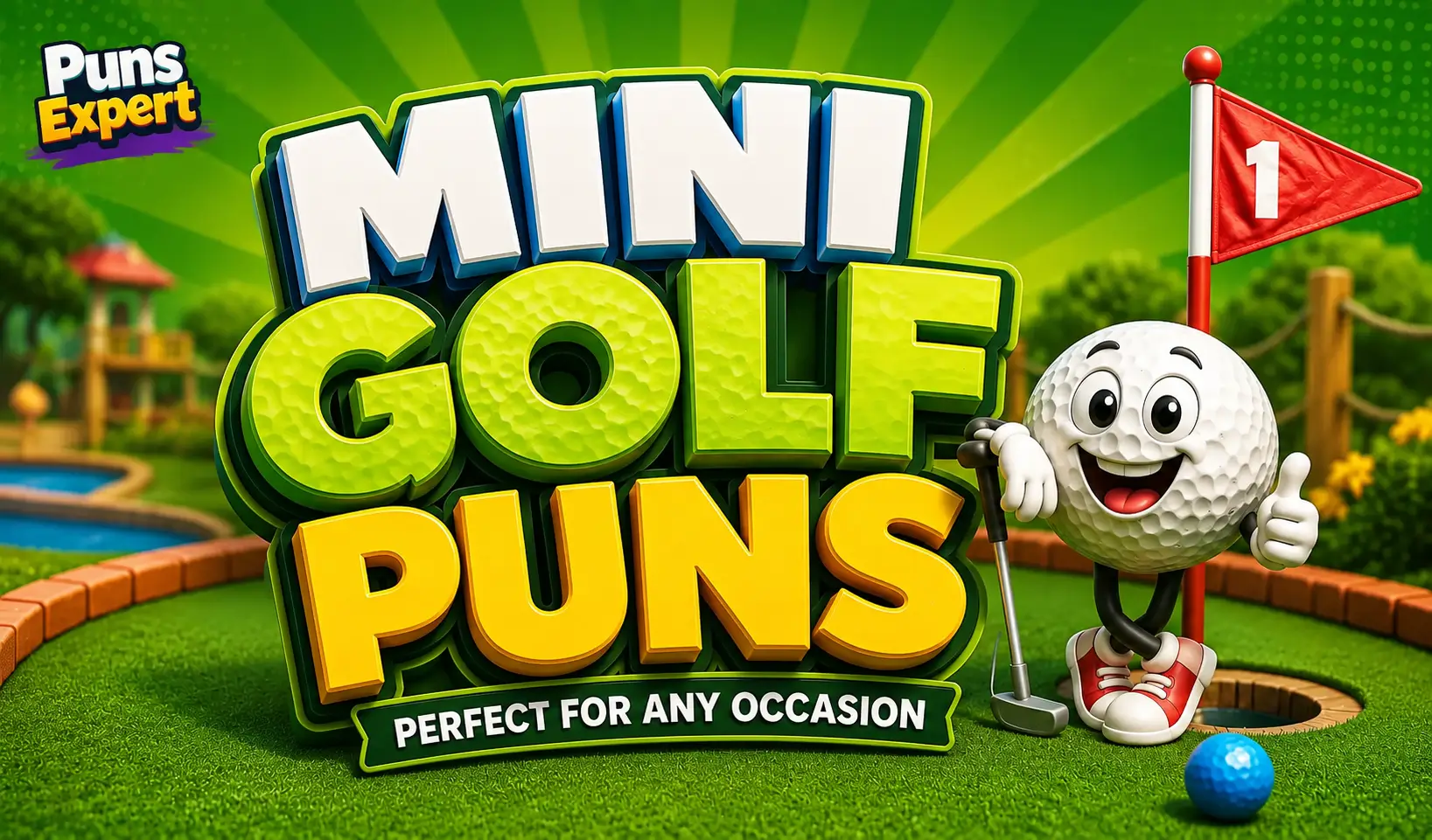 Mini Golf Puns featured thumbnail with cartoon golf ball mascot and bold 3D title.