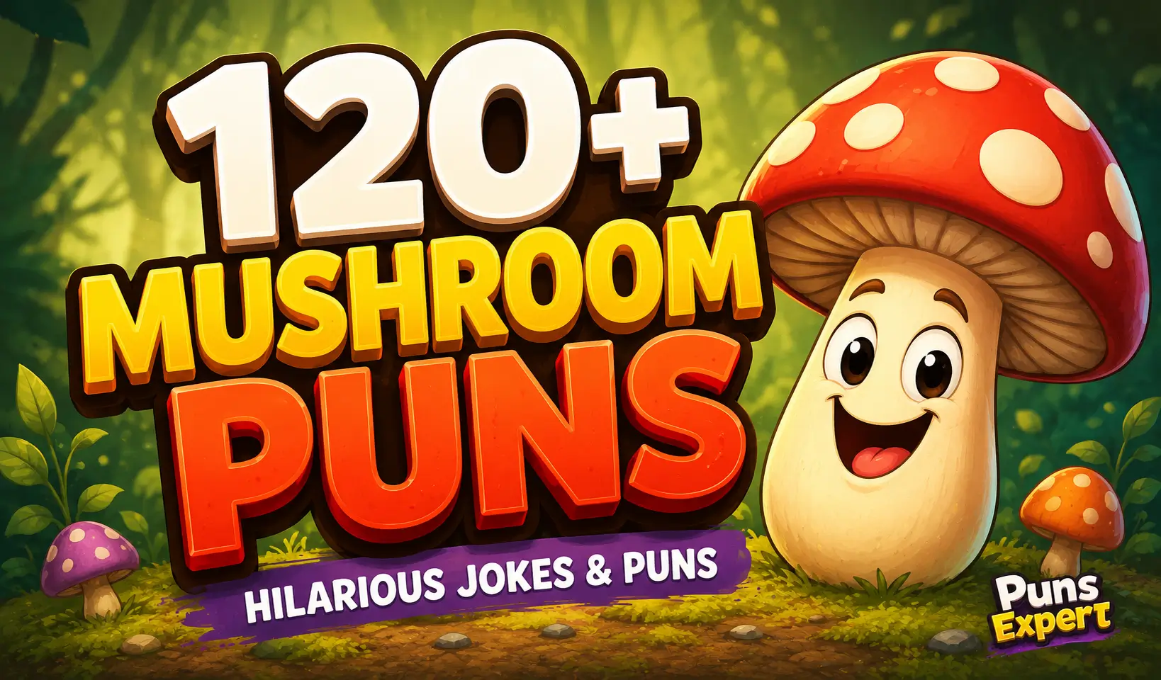 Colorful mushroom puns thumbnail with bold 3D text, a smiling cartoon mushroom, and Puns Expert branding.