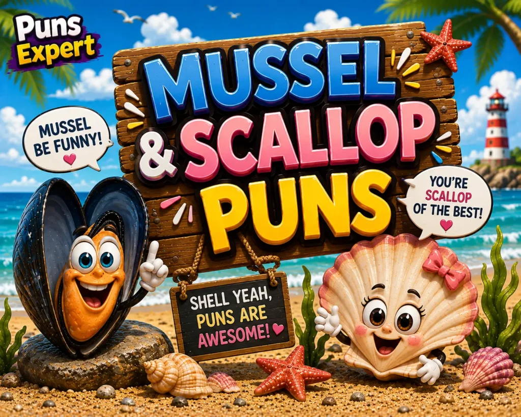 Cartoon mussel and scallop beside a wooden sign reading "Mussel and Scallop Puns" with the Puns Expert logo.
