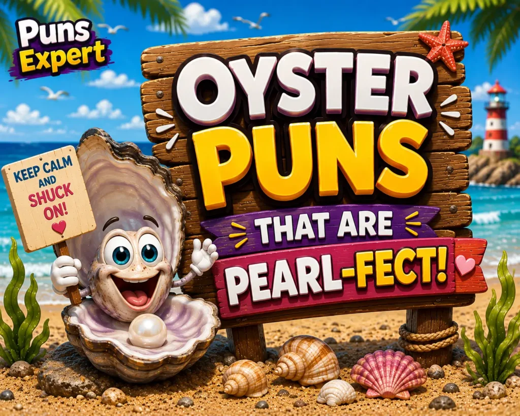 Smiling cartoon oyster holding a pearl beside a wooden sign reading "Oyster Puns That Are Pearl-Fect" with the Puns Expert logo.