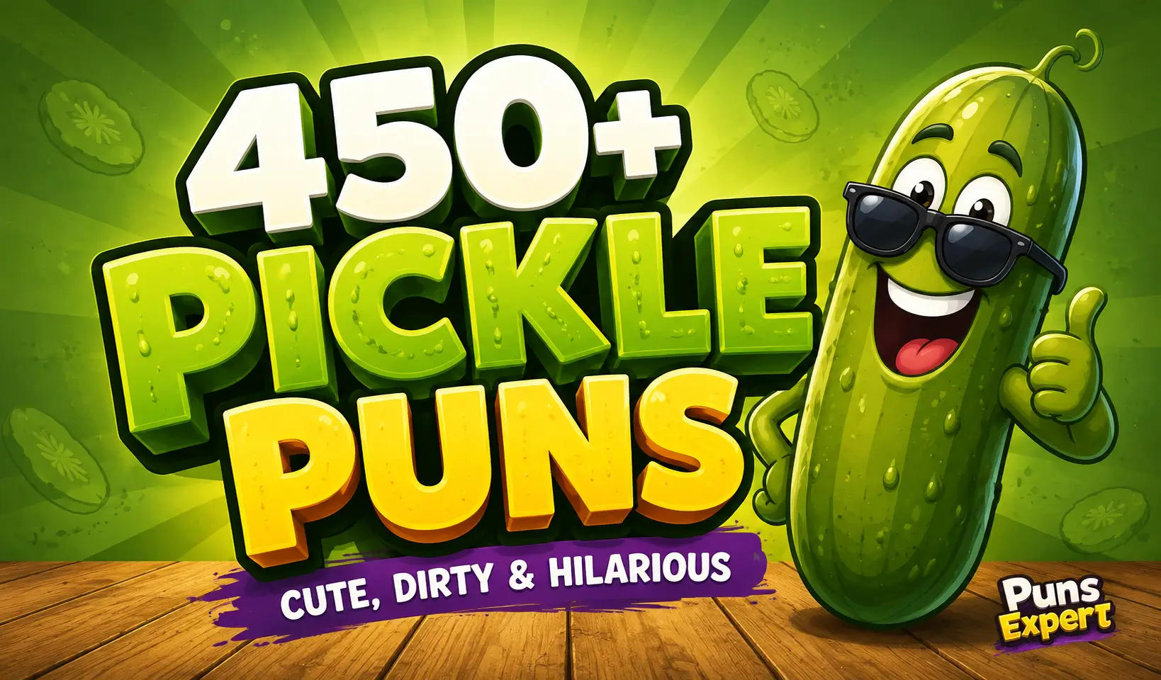 Colorful pickle puns thumbnail with bold 3D text, a smiling cartoon pickle, and Puns Expert branding.