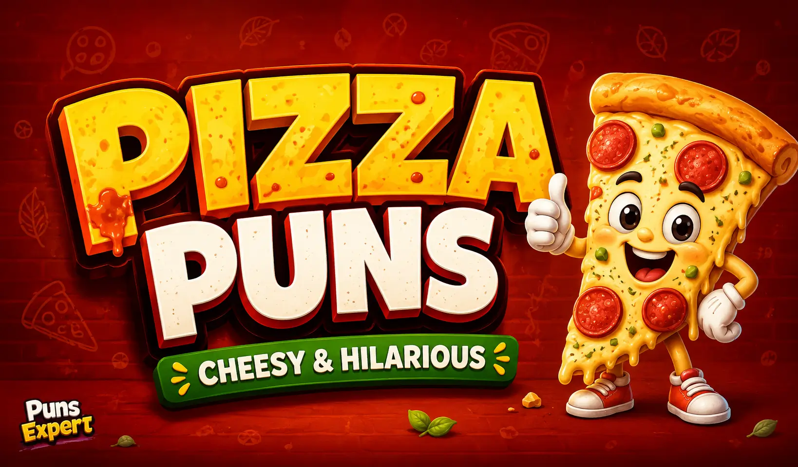 Colorful pizza puns thumbnail with bold 3D text, smiling cartoon pizza slice, and Puns Expert branding.