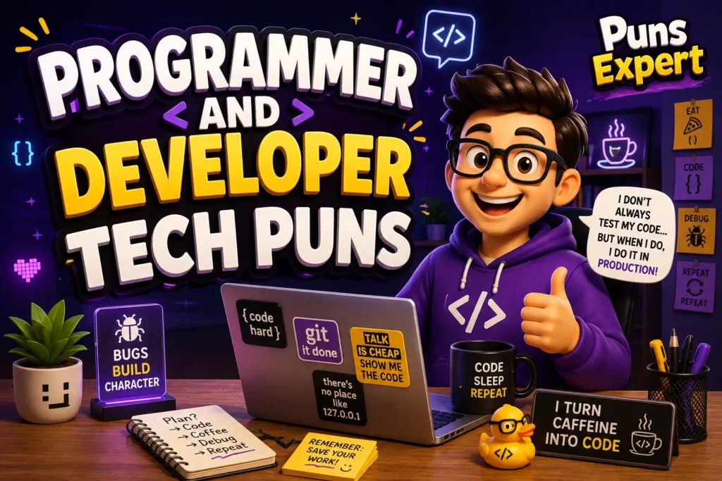 Cartoon programmer at a coding desk with developer-themed Tech Puns artwork and coding elements.