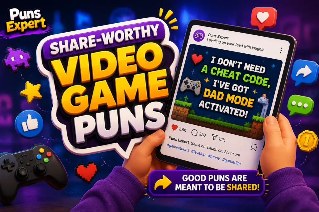 Cartoon hands sharing funny gaming puns on a tablet with social media reactions and gaming icons.