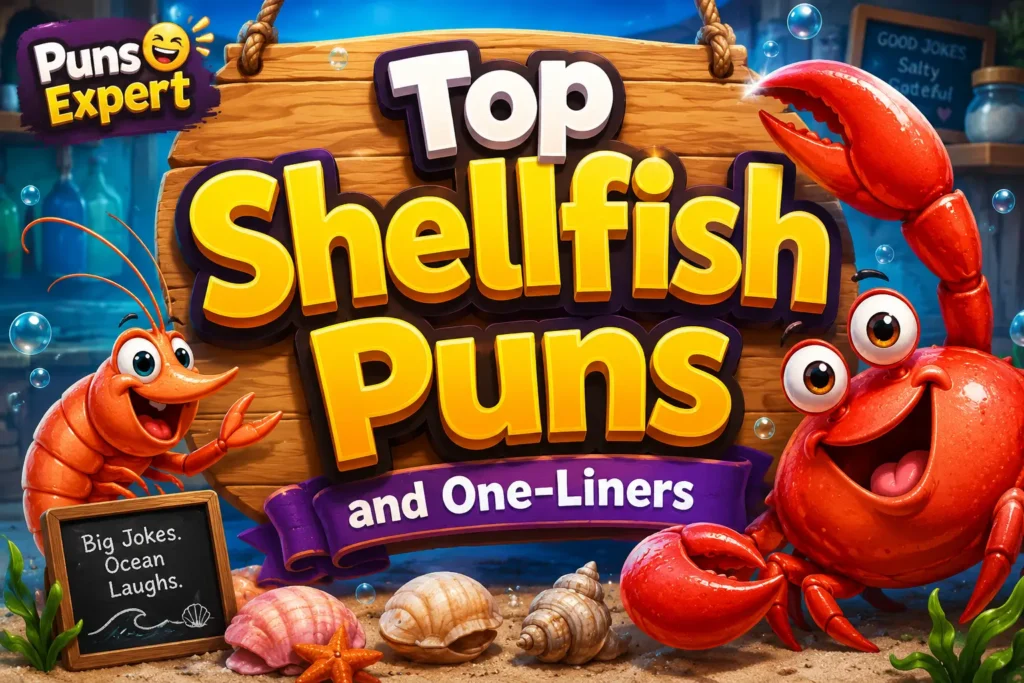 Cartoon crab and shrimp beside a wooden sign reading "Top Shellfish Puns and One-Liners" with the Puns Expert logo.
