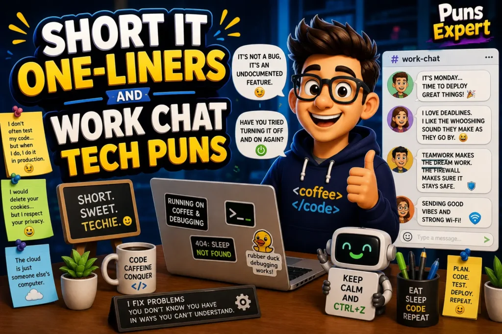 Cartoon office worker with laptop, work chat messages, and short IT one-liner tech puns in a colorful workspace.