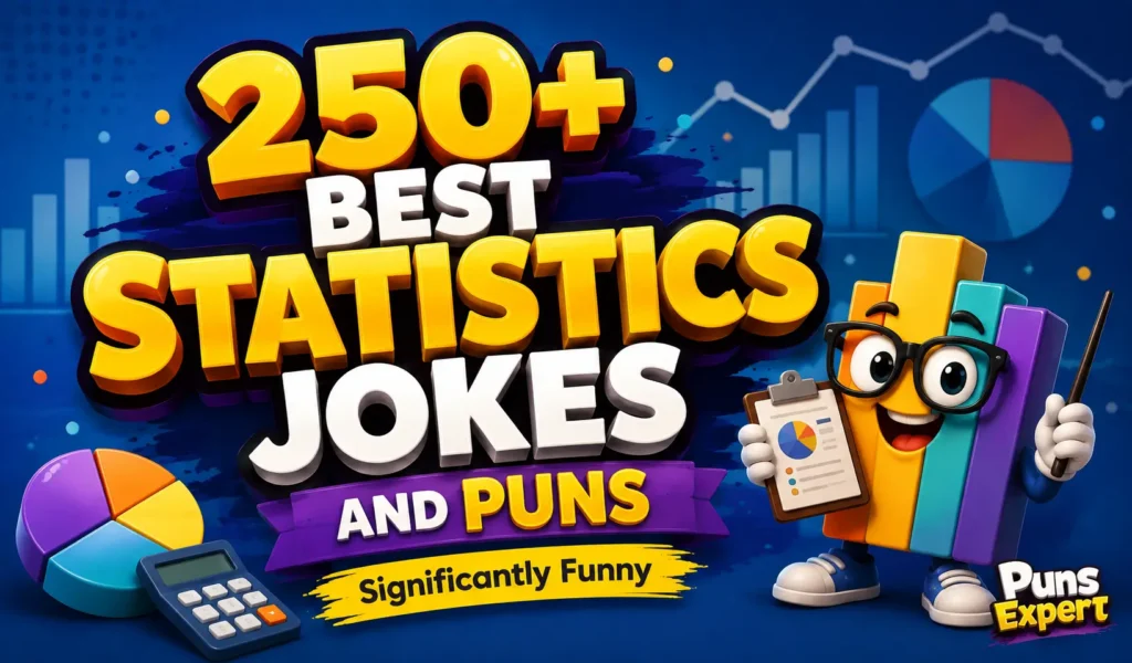 Colorful thumbnail featuring bold 3D text "250+ Best Statistics Jokes and Puns" with a cartoon bar chart mascot and statistics puns theme