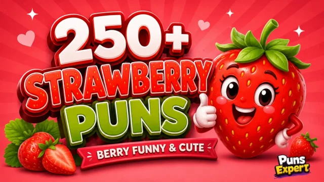 Colorful thumbnail featuring a smiling cartoon strawberry and bold 3D "250+ Strawberry Puns" text.