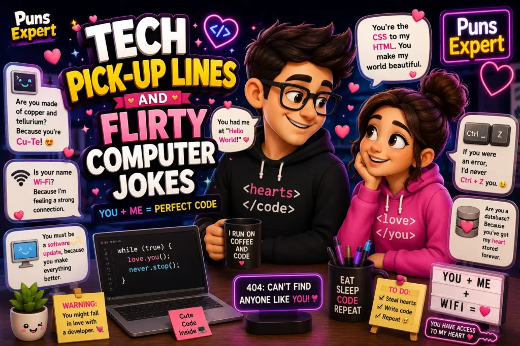 Cartoon couple with laptops, hearts, and coding-themed pick-up lines in a colorful tech illustration.