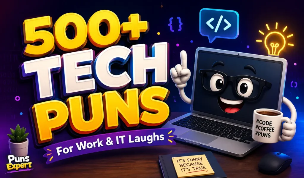Colorful Tech Puns thumbnail featuring bold 3D text, a smiling laptop mascot, and the Puns Expert logo.