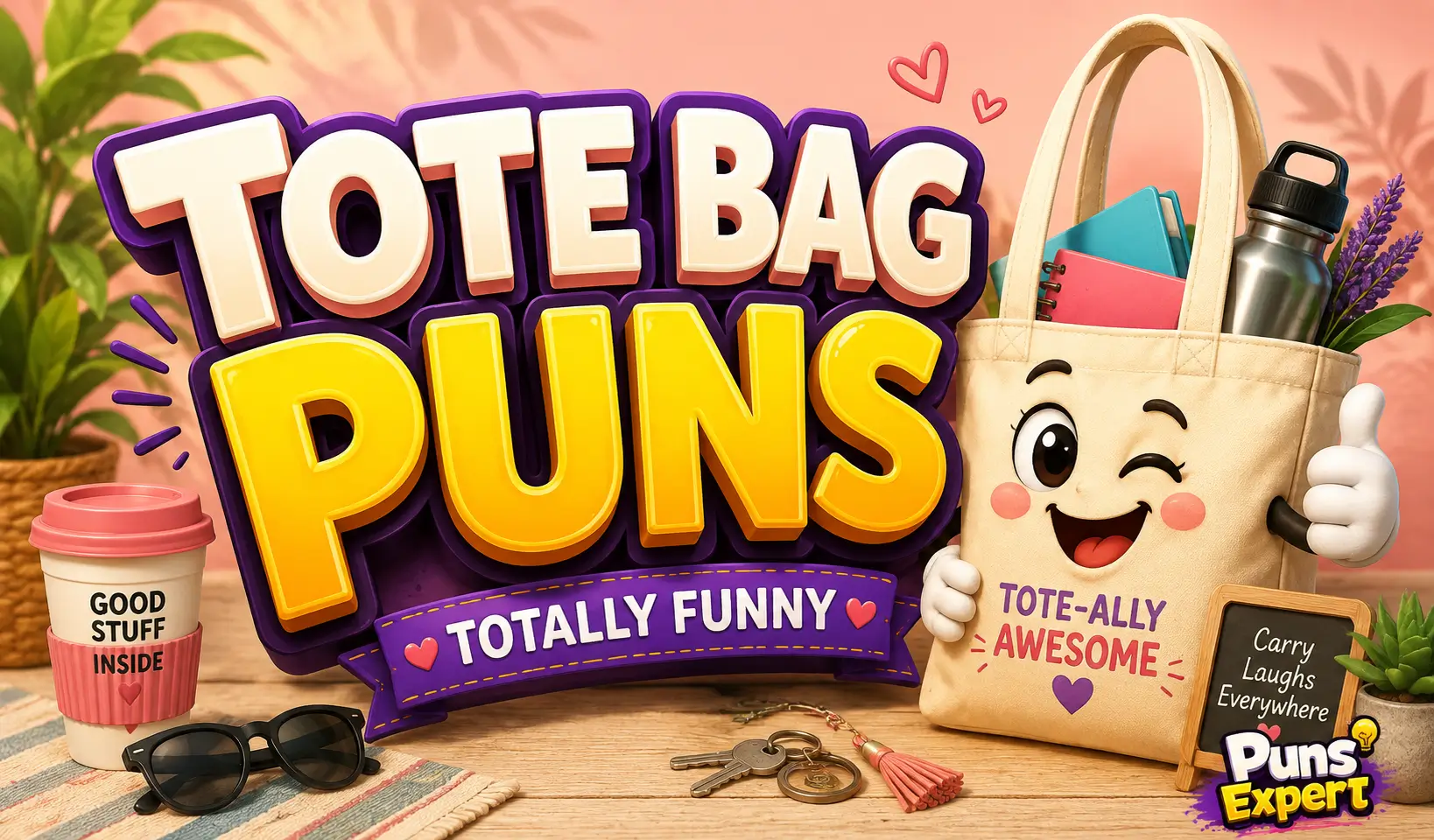 Colorful Tote Bag Puns thumbnail featuring a smiling cartoon tote bag and bold 3D title text.