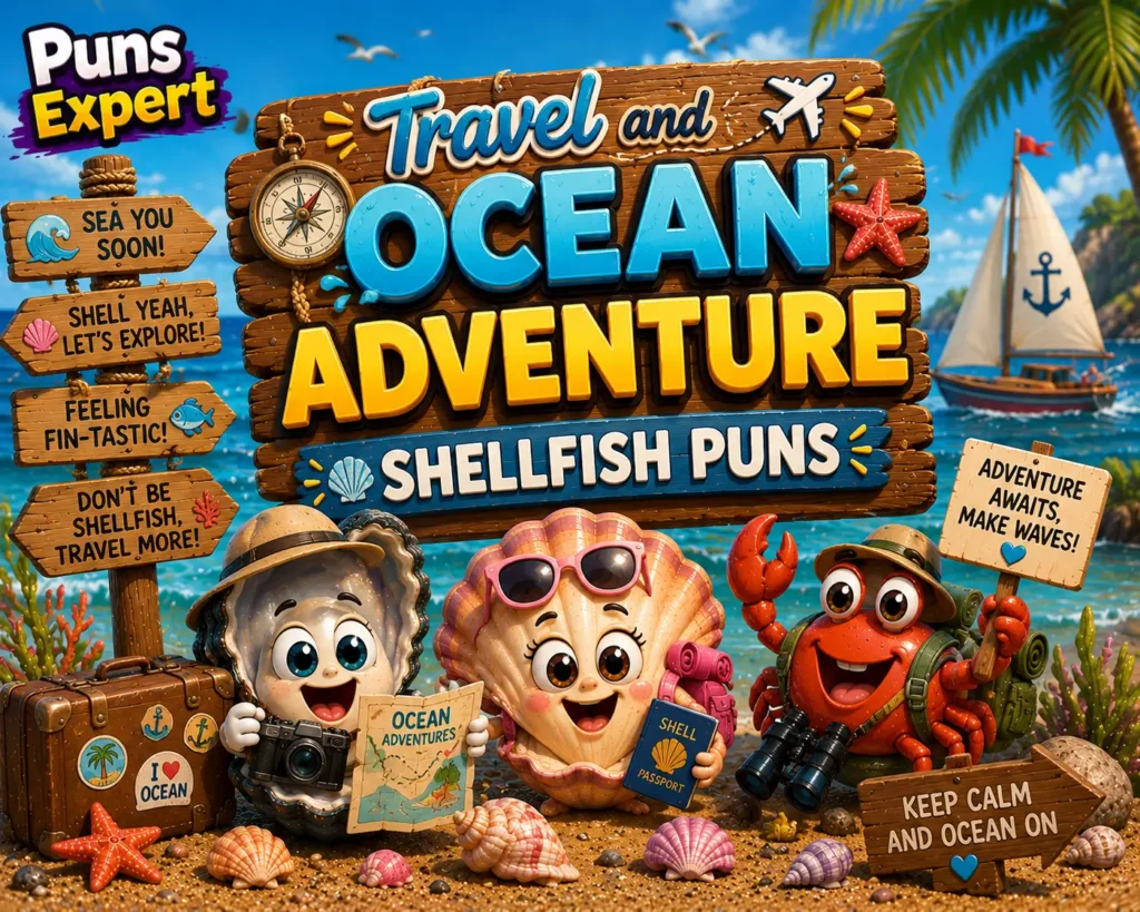 Cartoon oyster, scallop, and crab on a beach with travel gear and a sign reading "Travel and Ocean Adventure Shellfish Puns."