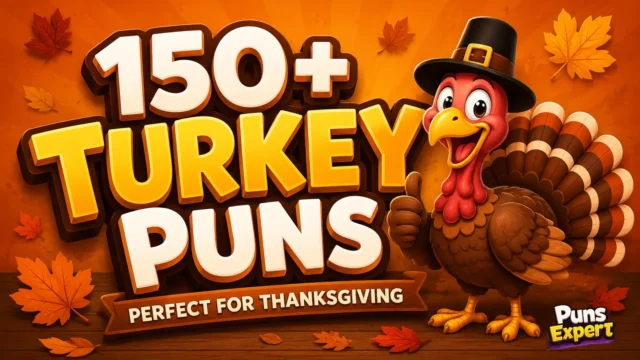 Colorful thumbnail featuring a cartoon turkey and bold 3D "150+ Turkey Puns" text for a funny Thanksgiving article.