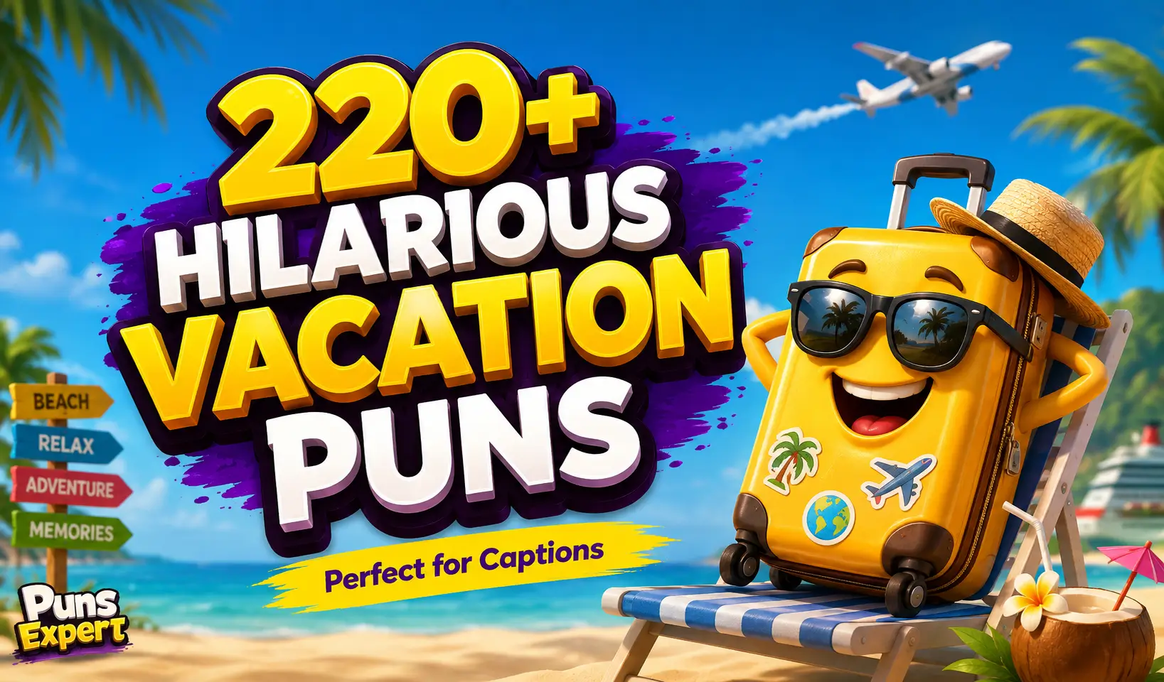 Colorful thumbnail featuring bold 3D text "220+ Hilarious Vacation Puns" with a smiling suitcase mascot on a tropical beach, illustrating vacation puns.