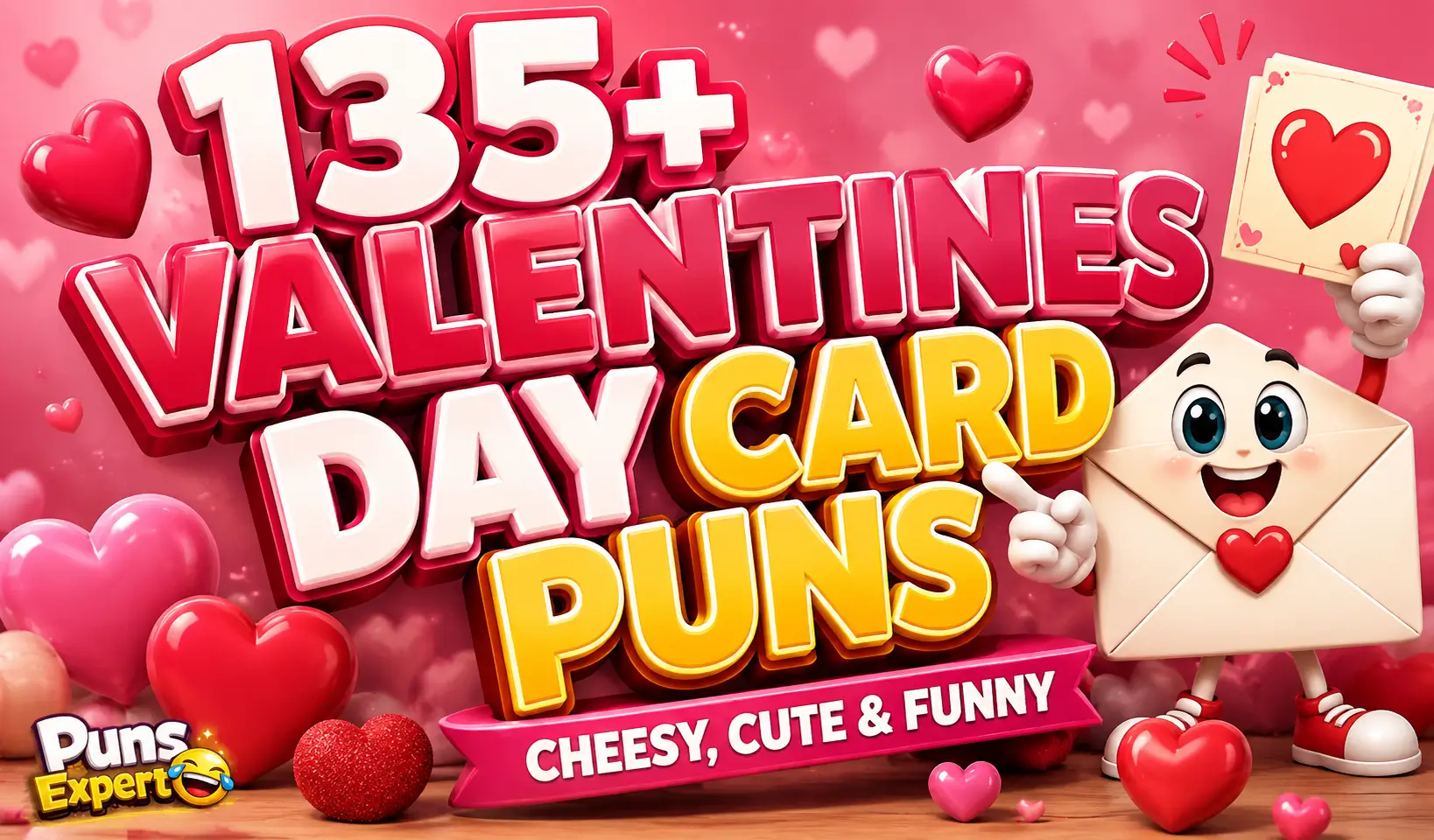 Valentines day card puns thumbnail with colorful 3D Valentine lettering and a cute envelope character