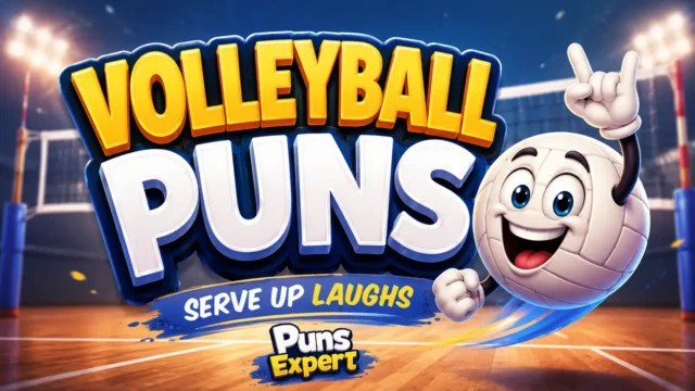 Colorful volleyball puns thumbnail with bold 3D text, smiling volleyball mascot, and Puns Expert branding.