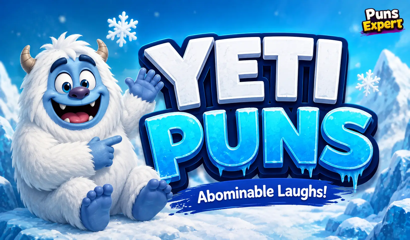 Cartoon yeti beside bold icy text reading Yeti Puns with a snowy mountain background for yeti puns.
